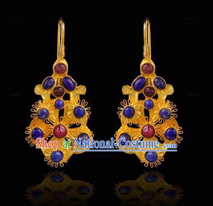 Handmade Chinese Traditional Ming Dynasty Golden Plum Ear Accessories Ancient Court Lady Earrings Gems Jewelry