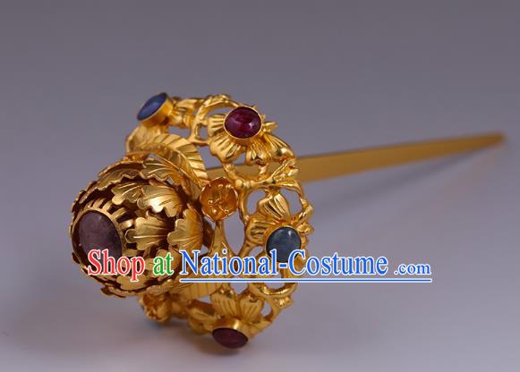 China Traditional Ming Dynasty Queen Gems Hairpin Handmade Hair Accessories Ancient Empress Gilding Peony Hair Stick