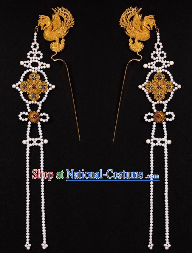 China Traditional Ming Dynasty Queen Tassel Hairpin Handmade Hair Accessories Ancient Empress Golden Phoenix Hair Stick