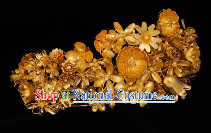 China Traditional Ming Dynasty Court Hairpin Handmade Hair Accessories Ancient Empress Wedding Golden Royal Crown