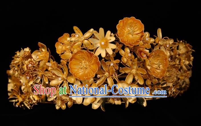 China Traditional Ming Dynasty Court Hairpin Handmade Hair Accessories Ancient Empress Wedding Golden Royal Crown