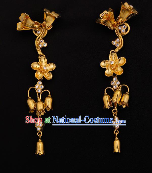 Handmade Chinese Traditional Ming Dynasty Crystal Ear Accessories Ancient Court Lady Golden Flowers Earrings Jewelry