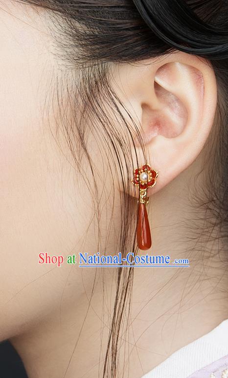 China Traditional Hanfu Agate Earrings Ancient Ming Dynasty Empress Enamel Ear Jewelry