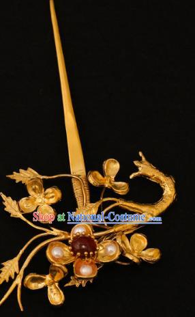 China Traditional Ming Dynasty Court Pearls Hair Stick Handmade Hair Accessories Ancient Queen Golden Plum Blossom Hairpin