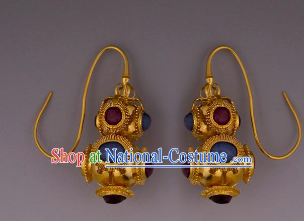 Handmade Chinese Traditional Ming Dynasty Golden Gourd Ear Accessories Ancient Court Lady Gems Earrings Jewelry