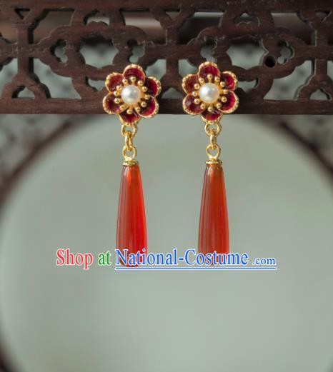 China Traditional Hanfu Agate Earrings Ancient Ming Dynasty Empress Enamel Ear Jewelry