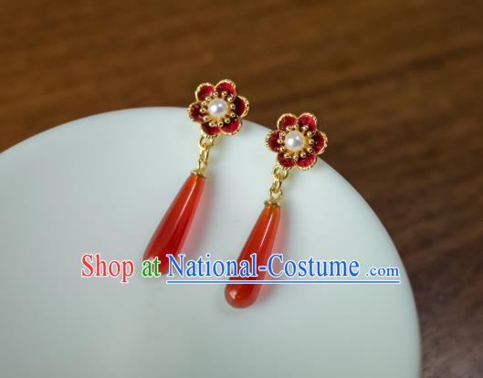 China Traditional Hanfu Agate Earrings Ancient Ming Dynasty Empress Enamel Ear Jewelry