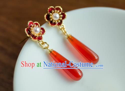 China Traditional Hanfu Agate Earrings Ancient Ming Dynasty Empress Enamel Ear Jewelry