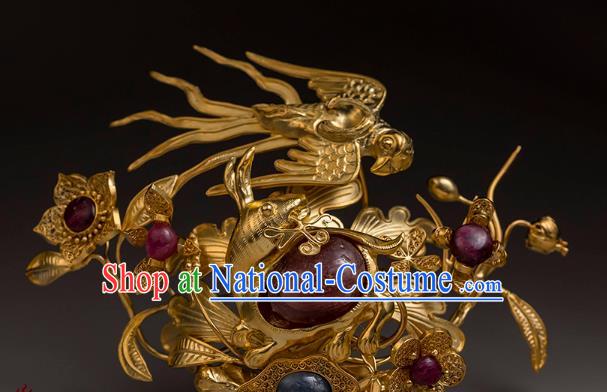 China Traditional Ming Dynasty Golden Flower Bird Hairpin Handmade Hair Accessories Ancient Queen Filigree Hair Crown