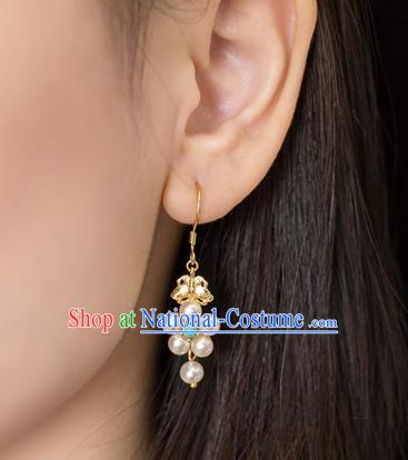 China Traditional Hanfu Pearls Earrings Ancient Ming Dynasty Empress Gilding Ear Jewelry