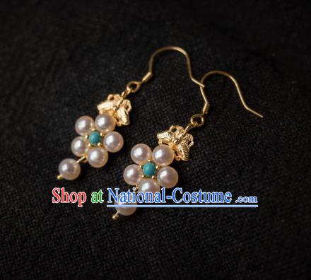 China Traditional Hanfu Pearls Earrings Ancient Ming Dynasty Empress Gilding Ear Jewelry