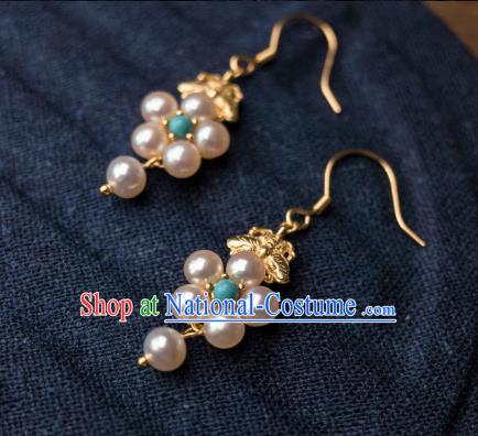 China Traditional Hanfu Pearls Earrings Ancient Ming Dynasty Empress Gilding Ear Jewelry