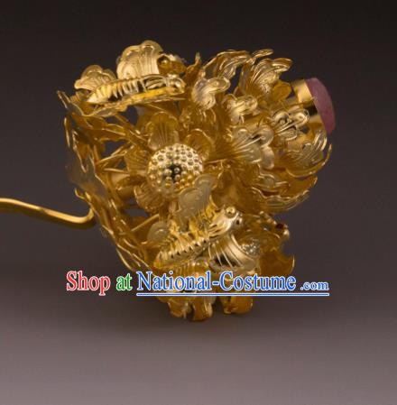 China Ancient Queen Golden Butterfly Flower Hairpin Handmade Hair Accessories Traditional Ming Dynasty Court Hair Stick