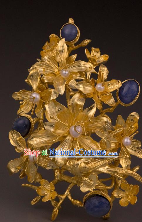 China Ancient Queen Lapis Hairpin Handmade Hair Accessories Traditional Ming Dynasty Court Golden Hair Crown