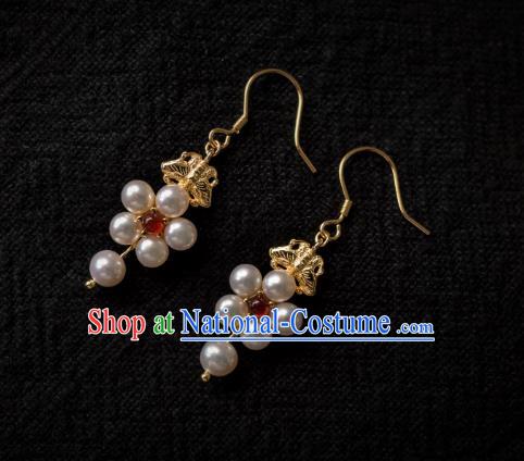 China Ancient Ming Dynasty Empress Pearls Ear Jewelry Traditional Hanfu Garnet Earrings