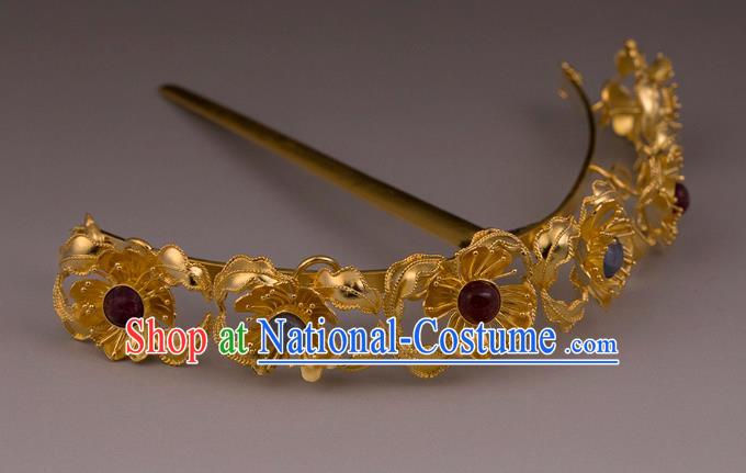 China Ancient Queen Gems Hairpin Handmade Hair Accessories Traditional Ming Dynasty Court Golden Flowers Hair Stick