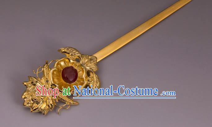 China Ancient Queen Golden Lotus Hairpin Handmade Hair Accessories Traditional Ming Dynasty Court Plum Blossom Hair Stick