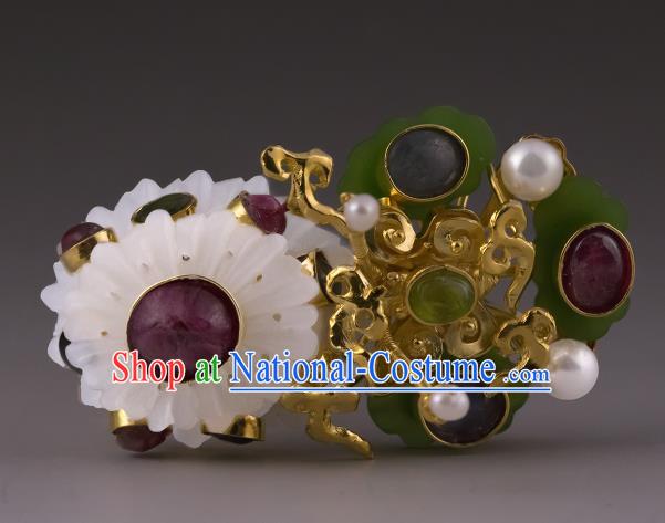 China Ancient Queen Gems Hairpin Handmade Hair Accessories Traditional Ming Dynasty Jade Flowers Hair Crown