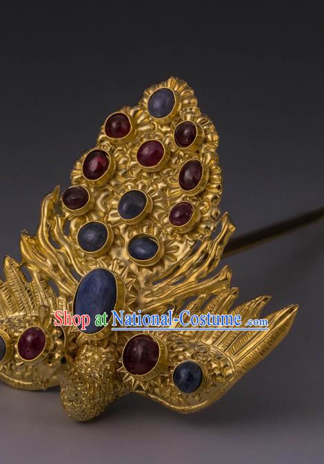 China Ancient Empress Gilding Hairpin Handmade Hair Accessories Traditional Ming Dynasty Gems Phoenix Hair Crown