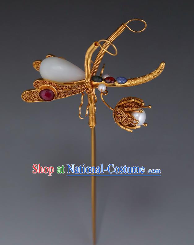 China Ancient Princess White Jade Hairpin Handmade Hair Accessories Traditional Ming Dynasty Gems Dragonfly Hair Stick