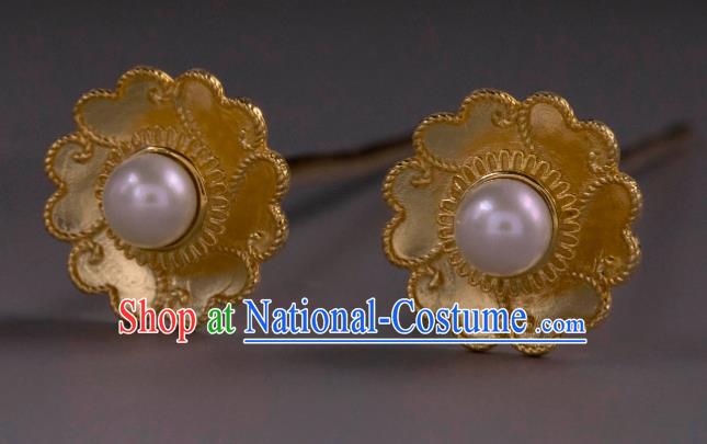 Handmade Chinese Traditional Ming Dynasty Golden Ear Accessories Ancient Court Lady Earrings Pearl Jewelry