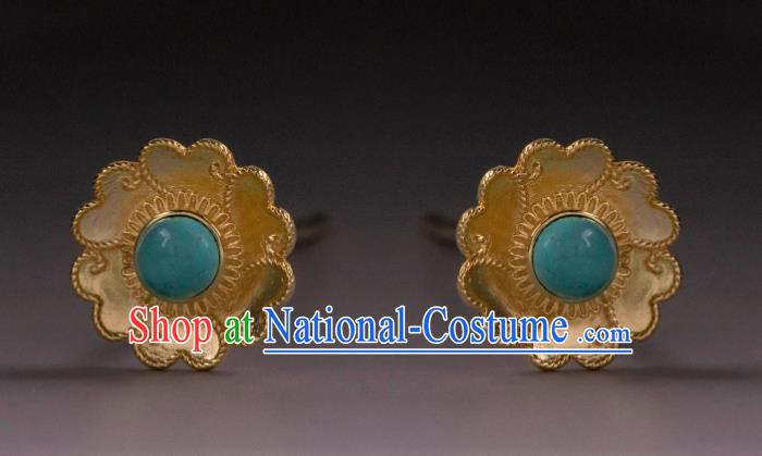 Handmade Chinese Traditional Ming Dynasty Kallaite Ear Accessories Ancient Court Lady Golden Earrings Jewelry