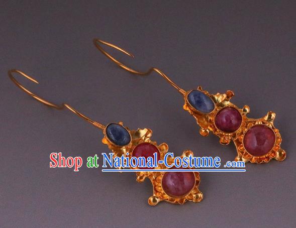 Handmade Chinese Ming Dynasty Court Ear Accessories Traditional Ancient Palace Lady Gems Earrings Jewelry