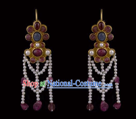 Handmade Chinese Ming Dynasty Court Pearls Tassel Ear Accessories Traditional Ancient Palace Lady Garnet Earrings Jewelry