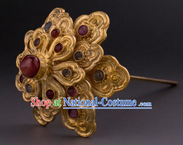 China Ancient Empress Gems Hairpin Handmade Hair Accessories Traditional Ming Dynasty Court Golden Hair Crown