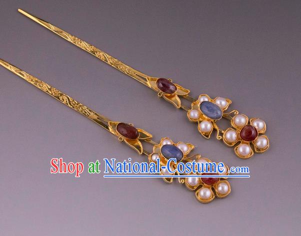 China Ancient Empress Pearls Hairpin Handmade Hair Accessories Traditional Ming Dynasty Court Gems Hair Stick