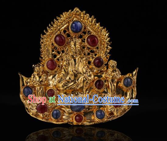 China Ancient Empress Gems Headwear Hairpin Handmade Hair Accessories Traditional Ming Dynasty Golden Buddha Hair Crown