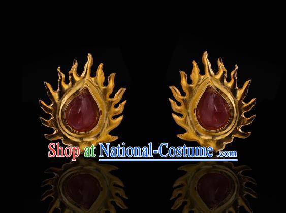 China Ancient Empress Ruby Hairpin Handmade Hair Accessories Traditional Ming Dynasty Golden Flame Hair Stick