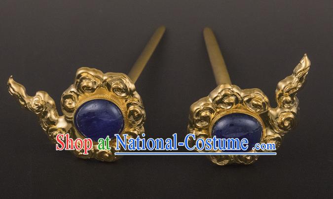 China Ancient Queen Golden Cloud Hairpin Handmade Hair Accessories Traditional Ming Dynasty Lapis Hair Stick