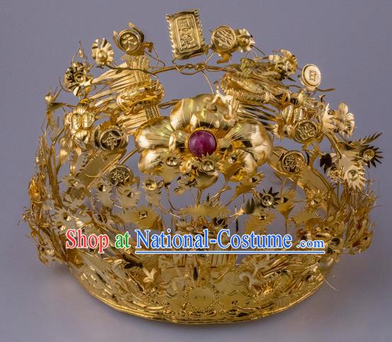 China Ancient Queen Golden Peony Hair Crown Handmade Hair Accessories Traditional Ming Dynasty Phoenix Coronet