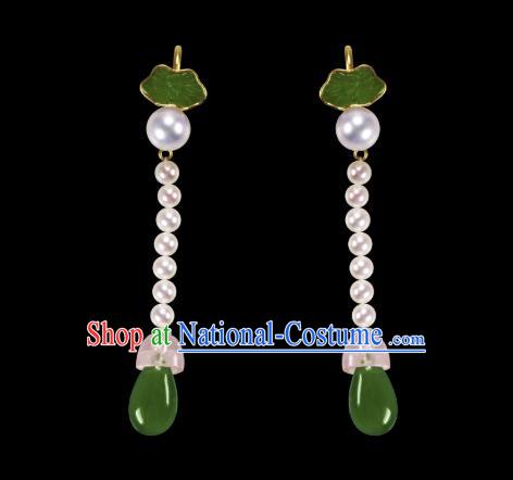 Handmade Chinese Qing Dynasty Court Pearls Ear Accessories Traditional Ancient Palace Lady Earrings Jade Jewelry