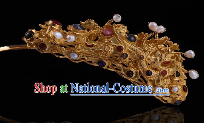 China Ancient Queen Golden Dragon Hair Stick Handmade Hair Accessories Traditional Ming Dynasty Filigree Hairpin