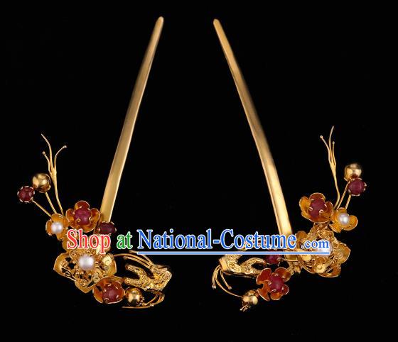 China Ancient Court Empress Golden Plum Hair Stick Handmade Hair Accessories Traditional Ming Dynasty Pearls Hairpin