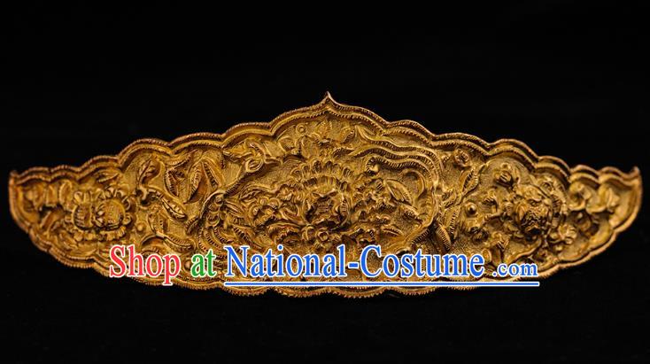 China Ancient Imperial Consort Golden Hair Crown Handmade Hair Accessories Traditional Tang Dynasty Carving Peony Hairpin