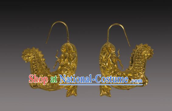 Handmade Chinese Tang Dynasty Court Ear Accessories Traditional Ancient Palace Lady Golden Capricorn Earrings Jewelry