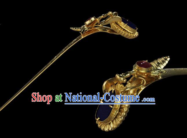 China Ancient Hanfu Golden Hair Stick Handmade Hair Accessories Traditional Ming Dynasty Court Gem Hairpin