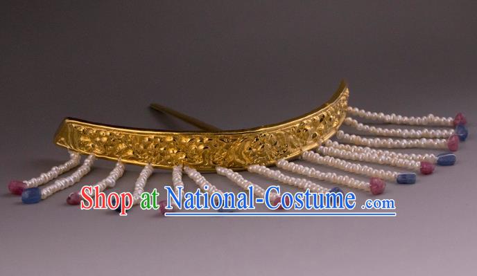 China Ancient Empress Pearls Tassel Hairpin Handmade Hair Accessories Traditional Ming Dynasty Golden Hair Crown