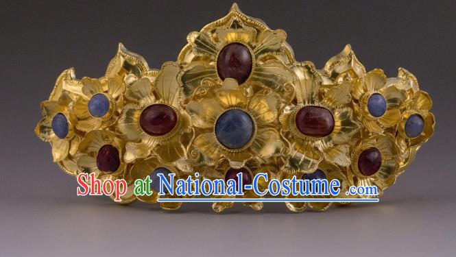 China Ancient Empress Golden Flowers Hairpin Handmade Hair Accessories Traditional Ming Dynasty Palace Gems Hair Crown