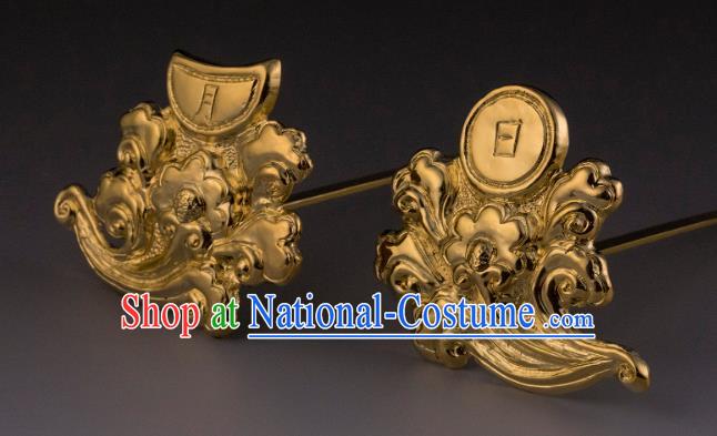 China Ancient Imperial Empress Golden Hairpins Handmade Hair Accessories Traditional Ming Dynasty Court Hair Sticks