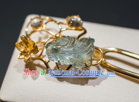 China Traditional Aquamarine Fish Hair Accessories Ancient Ming Dynasty Golden Lotus Hairpin