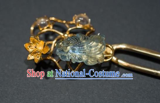 China Traditional Aquamarine Fish Hair Accessories Ancient Ming Dynasty Golden Lotus Hairpin