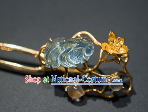 China Traditional Aquamarine Fish Hair Accessories Ancient Ming Dynasty Golden Lotus Hairpin