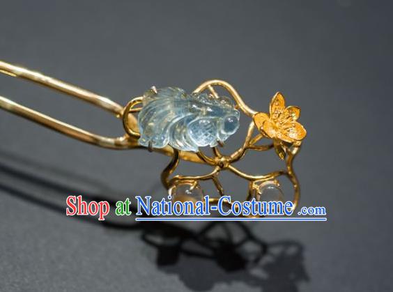 China Traditional Aquamarine Fish Hair Accessories Ancient Ming Dynasty Golden Lotus Hairpin