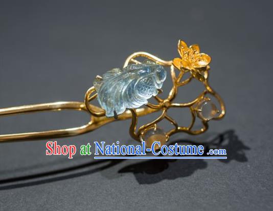 China Traditional Aquamarine Fish Hair Accessories Ancient Ming Dynasty Golden Lotus Hairpin