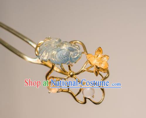 China Traditional Aquamarine Fish Hair Accessories Ancient Ming Dynasty Golden Lotus Hairpin