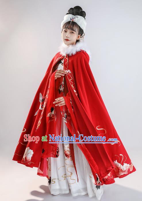 China Ancient Noble Woman Historical Clothing Traditional Hanfu Cape Ming Dynasty Court Princess Embroidered Red Cloak